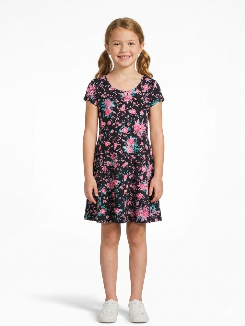 City Streets Black Floral Cap-Sleeve Dress with Pink Roses Girls Size S 7/8